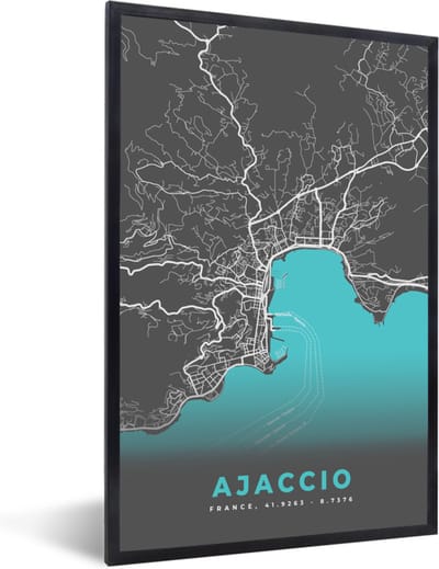 Fotolijst incl. Poster - Kaart – Stadskaart – Frankrijk - Ajaccio - Plattegrond - Corsica - 40x60 cm - Posterlijst