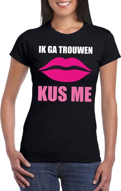 Vrijgezellenfeest t-shirt zwart dames - Ik ga trouwen kus me S
