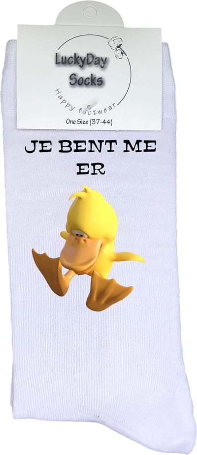 Eend Sokken - Eendje - je bent me er eendje - Badeend - Verjaardags cadeau vrouw en man - vrolijke sokken - Valentijns cadeau - Witte sokken met tekst - grappige sokken - leuke dames en heren sokken - Sokken waar je vrolijk van wordt - Maat 37-44