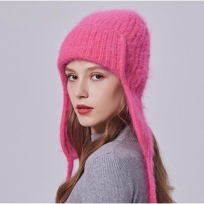 Vrouwen Winter Angora Oorkleppen Hoed Warm Pluizige Angora Konijnenbont Gebreide Muts Vrouwelijke Dikke Fleece Gevoerd pink
