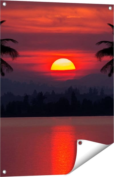 Gards Tuinposter Zonsondergang op het Strand met Palmbomen - 60x80 cm - Tuindoek - Tuindecoratie - Wanddecoratie buiten - Tuinschilderij