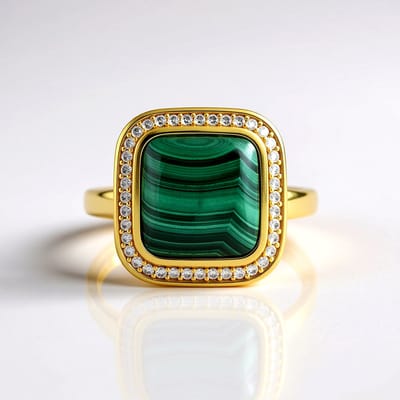 Cavill - Brede Zilveren Malachiet Ring - 925 Sterling Zilver Verguld - 9,287 ct Antieke Malachiet Cabochon - 40 Zirkonia's Pave - Luxe Damesring Groen