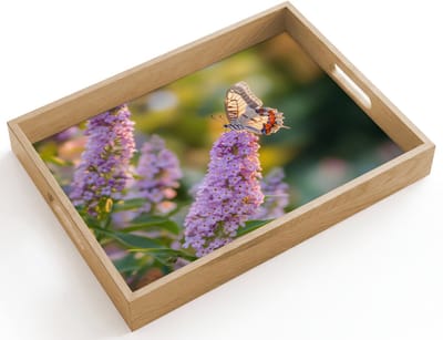 Dienblad hout 40x30 cm - Schootdienblad - Sierlijke - Vlinder - Paarse - Bloemen - Borrelplank rechthoek - Plateau dienbladen
