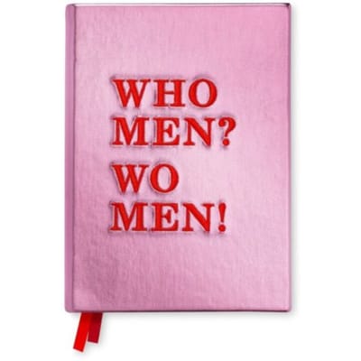 Bien moves notitieboekje geborduurd, who men? wo men! quote