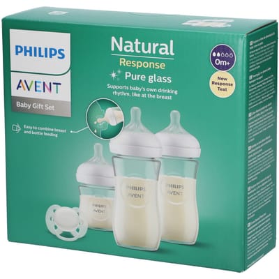 Pasgeborenenset - PHILIPS AVENT - Natuurlijk glas 3.0 - Glazen fles van 120 ml + 2 flessen van 240 ml + Ultrazachte fopspenen 0-6 maanden wit