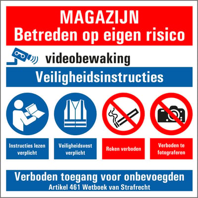 Magazijn betreden op eigen risico sticker 150 x 150 mm