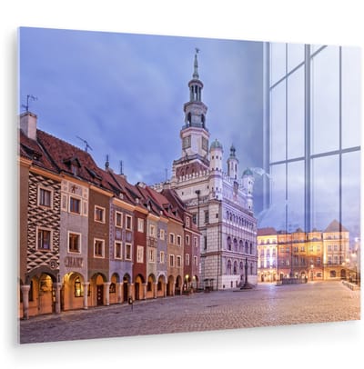® Glasschilderij 160x120 cm - Schilderij acrylglas - Blauwe lucht boven raadshuis van Poznan in Polen - Foto op glas - Muurdecoratie woonkamer - Wanddecoratie slaapkamer - Schilderijen