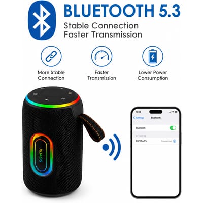 20W RGB Bluetooth draagbare luidspreker met verbeterde bas, Bluetooth 5.3, HiFi stereo draadloze luidspreker, USB-C, 8 uur afspeeltijd, ondersteuning voor TF/AUX/FM, compacte luidspreker voor thuis,