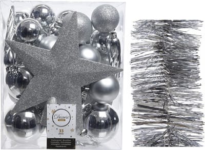 Kerstversiering kunststof kerstballen 5-6-8 cm met ster piek en folieslingers pakket zilver van 35x stuks - Kerstboomversiering