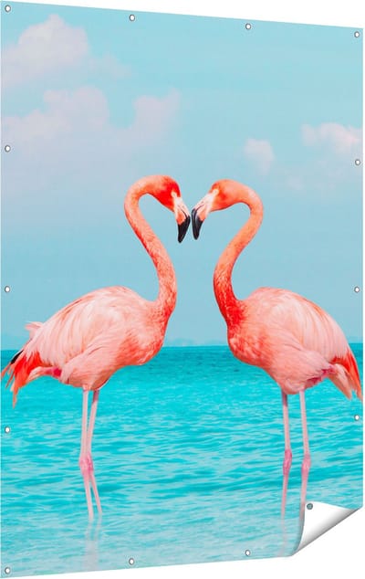 Gards Tuinposter Twee Flamingo's in een Hart Vorm in het Water - 120x160 cm - Tuindoek - Tuindecoratie - Wanddecoratie buiten - Tuinschilderij