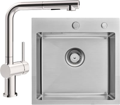 Auralum max Spoelbak Met Kraangat - Spoelbak Keuken Met L-uitloop Keukenkraan - Spoelbakken Keuken - Keuken Gootsteen 45 x 45 cm - Keuken Gootsteen met Sifon en Afvoerzeefje - Zilver