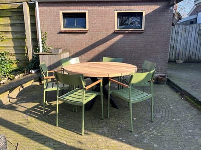 Ronde Tuintafel Iroko | 160cm 6 personen | Matrix onderstel | Hardhout | Duumaa Tafels