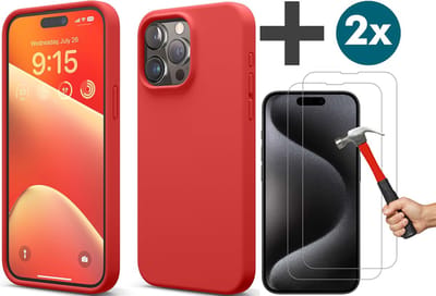 Arara Hoesje met 2 Stuks Screenprotectors Geschikt voor iPhone 15 Pro Hoesje Siliconen - liquid Backcover - Rood