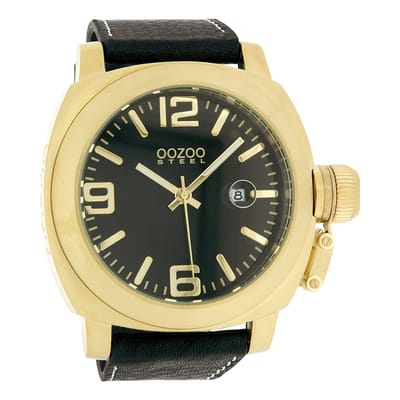 OOZOO Timepieces - Goudkleurige horloge met zwarte leren band - OS151
