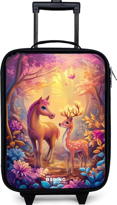 NoBoringSuitcases.com® - Kinderkoffer jongen - Kindertrolley meisje - Paard en hert in een roze sprookjesbos - Koffer kind lichtgewicht - Reiskoffer trolley voor kinderen - Koffertje met lichtgevende wieltjes - Rolkoffer zwart