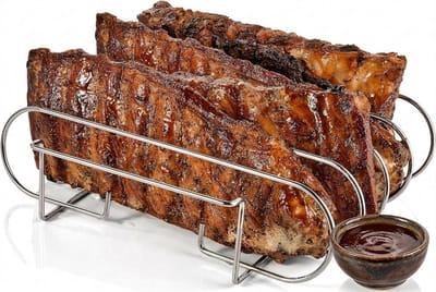 Livatto Spareribs houder grill - Ribhouder voor BBQ - Roestvrijstalen ribrek voor gelijkmatig garen - 5 ribben - 31,5 x 26 x 7,3 cm - Zilver
