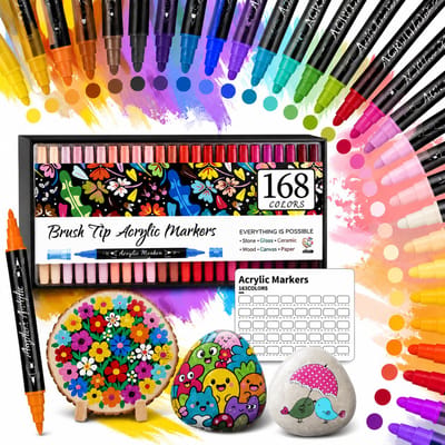 ECTEATOY® 168 kleuren Acrylverfmarkers set - dubbele fijn en penseelpunt - Voor knutsel en steen schilderen - Dekkend & Watervast