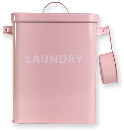 Intirilife Wasmiddelendoos met deksel en doseerlepel in roze - 5,7 liter metalen opbergdoos voor wasmiddel met schepje - wasmiddelendoos met deksel - vintage waspoederdoos
