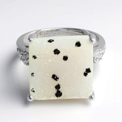 Cavill - Handgemaakte Zilveren Ring 925 Sterling - Glitter Agaat 9,7ct Antiek Kussen Cabochon - Cambodjaanse Zirkonia - Elegante Modieuze Damesring