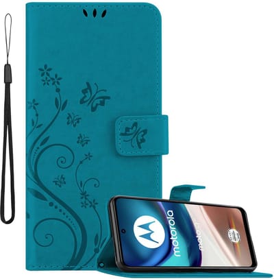 Cadorabo Hoesje geschikt voor Motorola MOTO G42 in BLOEMEN BLAUW - Beschermhoes in bloemmotief met magnetische sluiting, standfunctie en kaartsleuven Book Case Cover Etui