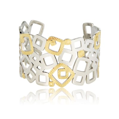 My Bendel - Bangle - Edelstaal - Zilverkleurig - Goudkleurig - 40 Mm - Bicolor Stainless Steel Bangle met Vierkanten Design - met Luxe Cadeauverpakking | Sieraden Voor Dames