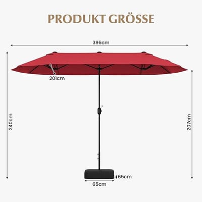Dubbelzijdige Zweefparasol 396 x 201 cm met Zwengel, Kantelbaar & Ventilatie – UV-bestendig, Windbestendig, Inclusief Vulbare Kruisvoet – Mobili Bella
