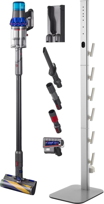 Stofzuigerstandaard 126 Cm, Compatibel met Dyson G5 V15 V12 V11 V10 V8 V7 V6-Serie, Standaard voor Stofzuigers & Accessoires, Vloerstandaard met 6 Haken En Antislip Voetpads, Zilver