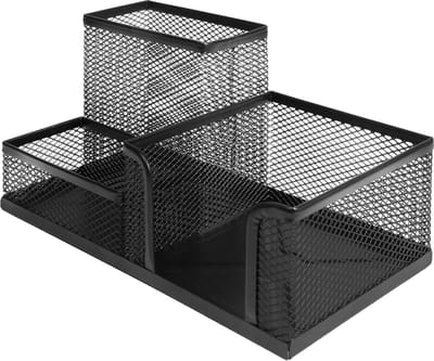 QUVIO Bureau organizer - Pennenbakje - Pennenhouder - Organizer - Bureau - Bureau accessoires - 3 vakken - 10 x 20 x 10 cm (lxbxh) - Staal - Zwart
