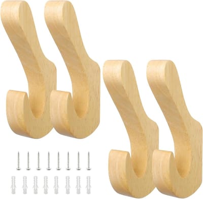 SnelShoppen - 4 Garderobehaken Eiken Hout met Dubbele Haken - Multifunctionele Wandhaken voor Jassen, Sjaals, Tassen en Handdoeken - Stijlvol en Duurz