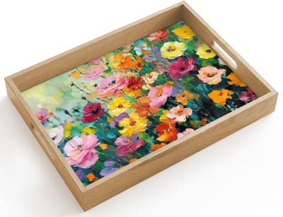 Dienblad hout 40x30 cm - Schootdienblad - Bloemen explosie - Heldere kleuren - Vrolijk - Borrelplank rechthoek - Plateau dienbladen