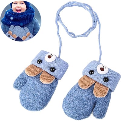 Gigicial Winterhandschoenen voor peuters - Patroon met cartoonbeer - Warme gebreide wollen handschoenen met fleecevoering en kraag met trekkoord - 1 paar - Geschikt voor buitenactiviteiten, ook een geweldig cadeau - Blauw