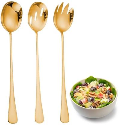 Dailygoods- Saladebestek Gouden Afwerking - Salade Vork / Lepel - Serveerbestek - 28 cm - 3 Stuks - Stijlvol Design