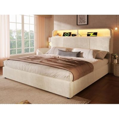 ModernLuxe Gestoffeerd opbergbed 180x200 cm - met LED-verlichting - met USB- en Type-C-poorten - met in hoogte verstelbare hoofdeinde - fluweel -