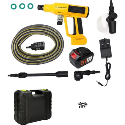 1000PSI Draadloze Hogedrukreiniger Borstelloos met 21V 4.0AH Acculader 6 In 1 Mondstuk 5m geel