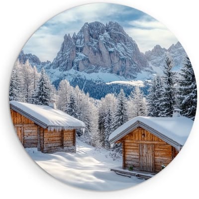 Saammp Muurcirkel Hout - 2 Besneeuwde Huizen - Natuur - Landschap - Ø 90 - Wandcirkel - Wanddecoratie Cirkel - Muurdecoratie Woonkamer - Slaapkamer decoratie - Rond Schilderij