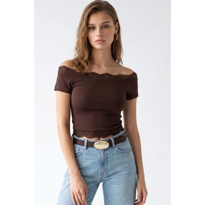Geborduurd Slim-fit Bootneck Crop Top