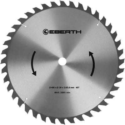 EBERTH cirkelzaagblad, zaagblad van staal met hardmetalen tanden voor het zagen van hout (diameter 450 mm, boorgat 30 mm, bladdikte 2,5 mm, zaagbreedte 3,5 mm, 40 tanden, max. 3500 tpm)