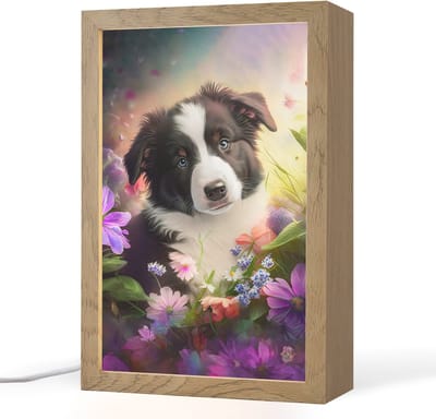 Nachtlampje 20x30 cm - Kinder lampje - Puppy - Zon - Bloemen - Natuur - Bordercollie - Hond - Tafellamp kinderkamer - Slaapkamer lamp - Bedlamp kinderen - Kinderlampje stopcontact - Wandlamp babykamer - Nachtlampjes
