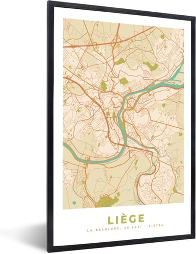 Fotolijst incl. Poster - Kaart - Stadskaart - Vintage - Luik - Plattegrond - 40x60 cm - Posterlijst