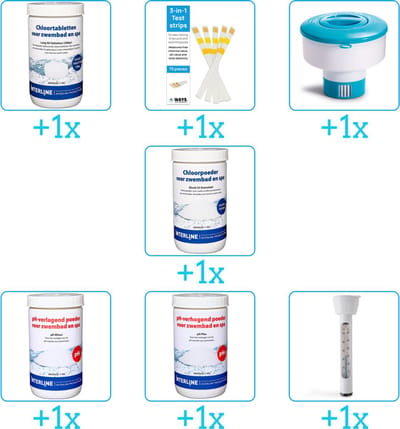 Zwembad Onderhoudspakket - Onderhoud Zwembad - bevat Chloor - Testrips - Chloordrijver - Chloor - PH-min - PH-plus en Thermometer (7-delig)