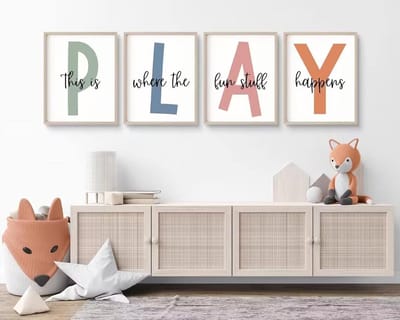 Canvas muurdecoratie met Let's Play tekst voor kinderspeelkamer en peuterkamer