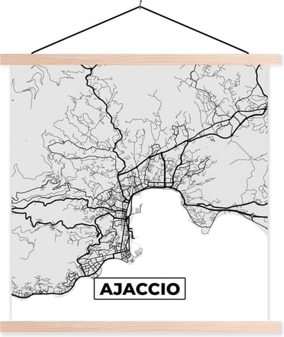 Posterhanger incl. Poster 40x40 cm - Schoolplaat - Kaart - Stadskaart - Frankrijk - Ajaccio - Plattegrond - Textielposter - Blanke latten - Stadskaart