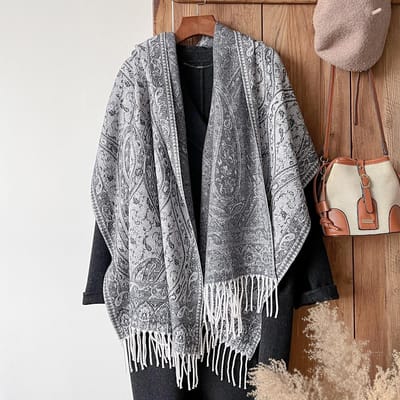 Châle en Cachemire Mode Hivernale Pour Femmes - Frangé Vintage Peinture à l'Huile Imprimé Floral Pashmina Épais Enveloppement, Foulard & Écharpe gray