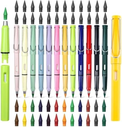 PromoHome 12-delig kleurrijke oneindige potloden set met 48 verwisselbare punten en gum, inktloze magische potloden voor volwassenen en kinderen, duurzame grafiet potlodenset voor kunst en kantoor