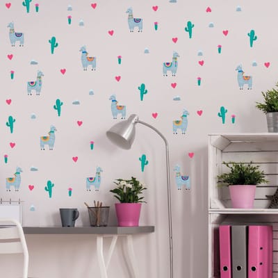Muurstickers - Verliefde Lama's en Woestijncactus - Transparante Achtergrond - 110x110cm