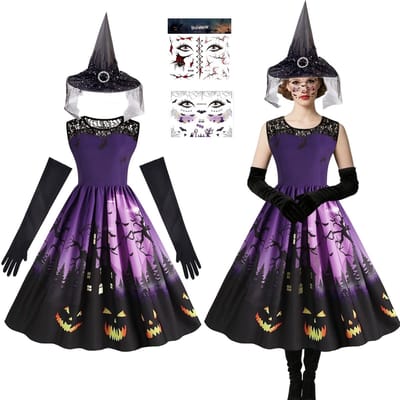 Dailygoods- Heksenkostuum Dames - Mouwloze Jurk - Heksenhoed - Handschoenen - Gezichtssticker - Griezelige Vleermuislook - Halloween Outfit