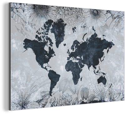 Aluminium schilderij 120x80 cm - Wanddecoratie metaal - Wereldkaart - Bloemen - Vintage - Metalen muurdecoratie woonkamer - Decoratie industrieel - Foto op dibond - Industriële accessoires slaapkamer