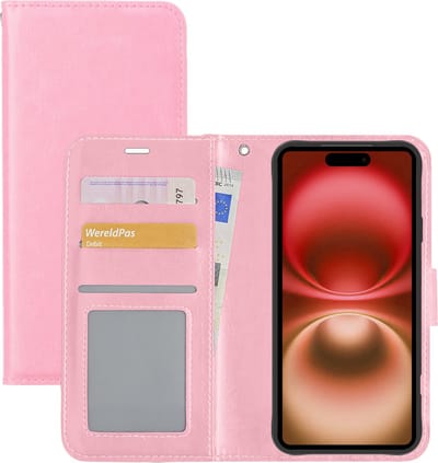Hoesje - Met Pasjeshouder - Geschikt voor Apple iPhone 16 Plus - Luxe Bookcase Portemonee - Flip Case - Kunstleer Book Case - Flipcase - Book Cover - Walletcase - Portemonneehoes - Lichtroze