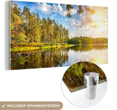 MuchoWow® Glasschilderij 40x20 cm - Schilderij acrylglas - Bomen - Water - Zon - Foto op glas - Schilderijen