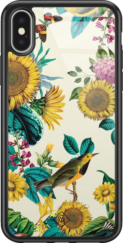 Casimoda® hoesje - Geschikt voor iPhone Xs - Zonnebloemen / Bloemen - Luxe Hard Case Zwart - Backcover telefoonhoesje - Geel